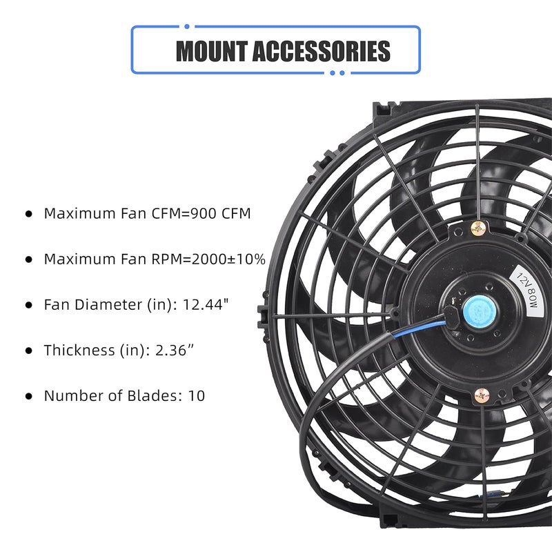 GESEXI 12 Inch Slim Fan Push Pull Electric Radiator Cooling Fan Universal High Performance 12V 80W Motor with Fan Mounting Kit (Black) - Image 3